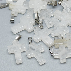 Quartz Crystal Natural Quartz Crystal Pendants, Rock Crystal Pendants, with Stainless Steel Snap On Bails, Cross, 29~30x18~19x5~6mm, Hole: 6x4mm