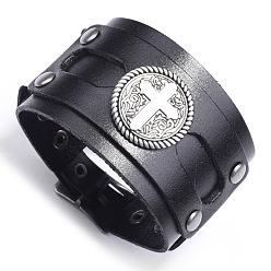 Black Leather Cord Bracelet with Alloy Cross, Gothic Wide Wristband for Men Women, Black, 10-7/8 inch(27.5cm)