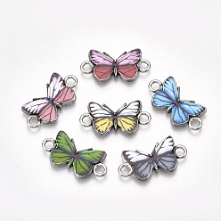 Mixed Color Printed Alloy Links connectors, with Enamel, Butterfly, Platinum, Mixed Color, 12x23x2mm, Hole: 2.5mm