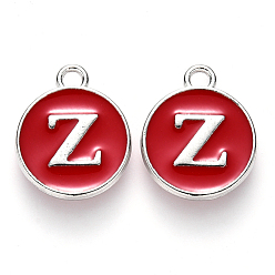 Letter Z Platinum Plated Alloy Enamel Charms, Cadmium Free & Lead Free, Enamelled Sequins, Flat Round with Letter, Red, Letter.Z, 14x12x2mm, Hole: 1.5mm