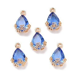 Zafiro Ligero Colgantes de diamantes de imitación, con engastes de aleación de oro claro, lágrima con flor, azul real, 20x12.5x6 mm, agujero: 1.8 mm