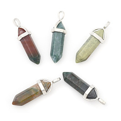 Indian Agate Natural Indian Agate Double Terminated Pointed Pendants, with Random Alloy Pendant Hexagon Bead Cap Bails, Bullet, Platinum, 36~45x12mm, Hole: 3x5mm, Gemstone: 10mm in diameter