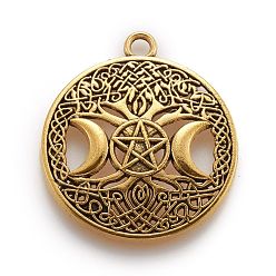 Antique Golden Tibetan Style Hollow Alloy Pendants, Lead Free & Cadmium Free, Flat Round withTriple Moon Goddess, Pagan Jewelry, Antique Golden, 39x34x1.5mm, Hole: 3mm