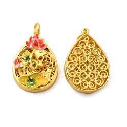 Matte Gold Color Alloy Enamel Pendants, with Jump Ring, Lead Free & Cadmium Free, Teardrop with Fish & Flower, Matte Gold Color, 32x21.5x7mm, Hole: 4mm, Jump Ring: 6x1mm