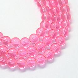 Pink Baking Painted Transparent Glass Round Bead Strands, Pink, 8.5~9mm, Hole: 1.5mm, about 105pcs/strand, 31.8 inch