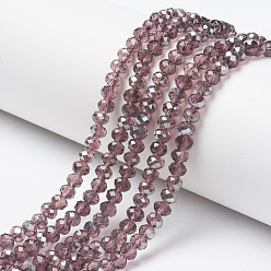 Rosy Brown Electroplate Transparent Glass Beads Strands, Half Gray Plated, Faceted, Rondelle, Rosy Brown, 6x5mm, Hole: 1mm, about 85~88pcs/strand, 16.1~16.5 inch(41~42cm)