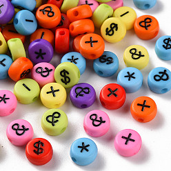 Mixed Color Craft Style Mixed Color Acrylic Hashtag Beads, Flat Round with Black English Character, Mixed Color, 7x3.5mm, Hole: 1.5mm, about 4540pcs/500g.