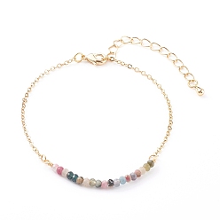 Tourmaline December Birthstone Natural Tourmaline Beaded Bracelets, with Brass Cable Chains, Faceted Round, Golden, 7-1/4 inch(18.5cm)