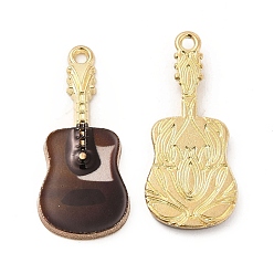 Brun De Noix De Coco Placage en rack pendentifs en alliage de ton doré, avec émail imprimé, sans cadmium et sans nickel et sans plomb, charme de guitare, brun coco, 27x12x2mm, Trou: 1.4mm