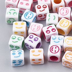 Mixed Color Craft Acrylic Beads, Cube with Mixed Expression, Colorful, 6x6x6mm, Hole: 3.5mm, about 3000pcs/500g
