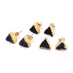 Black Natural Druzy Quartz Crystal Stud Earring, with Brass Findings, Triangle, Golden, Black, 10x11x4~7mm, Pin: 0.7mm