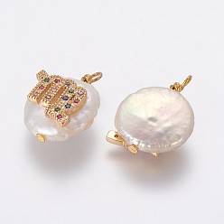 Vierge Pendentifs de perles d'eau douce de culture naturelle, avec accessoires zircon cubique micro pave en laiton, pépites avec constellation, or, colorées, virgo, 17~22x11~16x5~11mm, Trou: 1.6mm