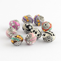 Mixed Color Handmade Indonesia Beads, with Rhinestones and Alloy Cores, Round, Antique Silver, Mixed Color, 14~16x14~16mm, Hole: 1.5mm