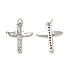 Platinum Brass Micro Pave Clear Cubic Zirconia Connector Charms, Cross Wing Links, Platinum, 20x17x2.5mm, Hole: 1mm