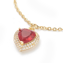 Roja Collar de latón de zirconia cúbica, con diamantes de imitación y 304 cadenas de cable de acero inoxidable, corazón, dorado, rojo, 17.72 pulgada (45 cm)