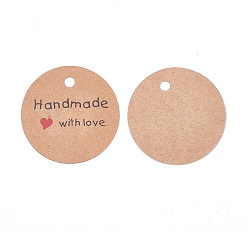 Sandy Brown Jewelry Display Kraft Paper Price Tags, Round with Word Handmade with Love, Sandy Brown, 45x0.4mm, Hole: 4.5mm, about 50pcs/bag