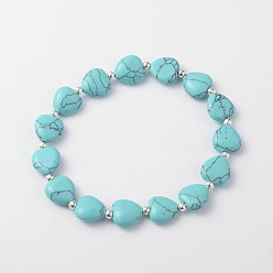Synthetic Turquoise Heart Synthetic Turquoise Stretch Bracelets, with Silver Color Plated Iron Finding, 57mm
