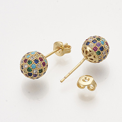 Golden Brass Cubic Zirconia Stud Earrings, with Ear Nuts, Round, Colorful, Golden, 19.5x8mm, Pin: 0.7mm