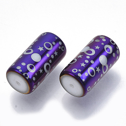 Purple Electroplate Glass Beads, Column with Dot and Star Pattern, Purple, 20x10mm, Hole: 1.2mm, about 50pcs/bag