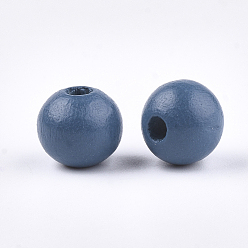 Steel Blue Painted Natural Wood Beads, Round, Steel Blue, 10x8.5~9mm, Hole: 2~3mm