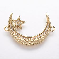 Golden Brass Micro Pave Cubic Zirconia Links, Moon and Star, Golden, 18x27x2mm, Hole: 1mm