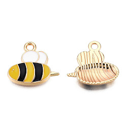 Yellow Light Gold Plated Alloy Pendants, with Enamel, Bees, Yellow, 16x17x2.5mm, Hole: 1.8mm