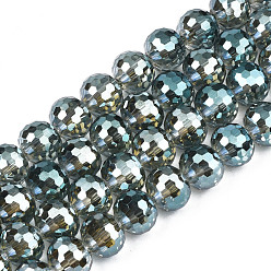 Cadet Blue Electroplate Transparent Glass Beads Strands, Half Plated, Faceted, Round, Cadet Blue, 10x9mm, Hole: 1.5mm, about 72pcs/strand, 25.98 inch(66cm)