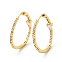Claro Aretes de aro con corazón de circonitas cúbicas, joyas de latón chapado en oro real 18k para mujer, Claro, 30x1.5~4.5 mm, pin: 1 mm