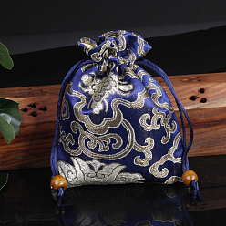 Midnight Blue Chinese Style Flower Pattern Satin Jewelry Packing Pouches, Drawstring Gift Bags, Rectangle, Midnight Blue, 14x11cm