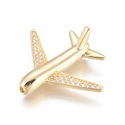 Real 18K Gold Plated Brass Micro Pave Cubic Zirconia Airliner Beads, Long-Lasting Plated, Lead Free & Cadmium Free & Nickel Free, Passenger Airplane, Clear, Real 18K Gold Plated, 26.5x22x8mm, Hole: 1.6mm