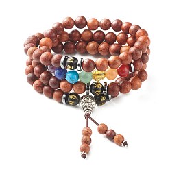 Pierre Mélangete Bracelets enroulés de perles de bois naturel, quatre boucles, avec des perles de gourou en alliage de style tibétain et des perles de pierres précieuses synthétiques et naturelles, 29-1/2 pouce (75 cm)