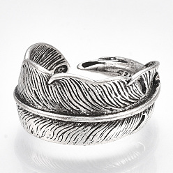 Античное Серебро Сплав манжеты кольца пальцев, широкая полоса кольца, перо, античное серебро, Размер 9, 19 мм