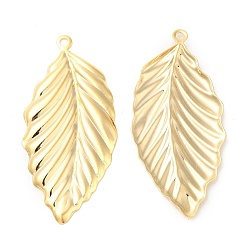 Real 24K Gold Plated Rack Plating Brass Pendants, Cadmium Free & Lead Free, Leaf Charm, Real 24K Gold Plated, 45.5x21.5x2mm, Hole: 1.8mm