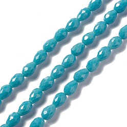 Medium Turquoise Faceted Glass Beads Strands, Teardrop, Medium Turquoise, 12x8~9mm, Hole: 1.2mm, about 57pcs/strand, 23.74''(60.3cm)