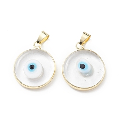 Clear Handmade Evil Eye Lampwork Pendants, with Rack Plating Light Gold Tone Brass Findings, Long-Lasting Plated, Lead Free & Cadmium Free, Flat Round, Clear, 24~25.5x20.5~21x4~4.5mm, Hole: 6x4~4.5mm