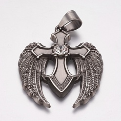 Antique Silver 304 Stainless Steel Pendants, with Rhinestone, Wing with Cross, Crystal, Antique Silver, 39x49x5mm, Hole: 7x9mm