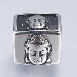 Argent Antique 304 billes d'acier inoxydable, Perles avec un grand trou   , cuboïde avec Bouddha, argent antique, 11x12x13mm, Trou: 8.5mm