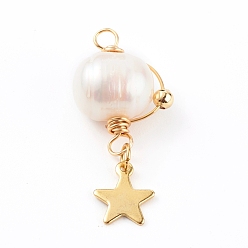 Golden Natural Cultured Freshwater Pearl Pendants, with 304 Stainless Steel Star Charms, Brass Beads and Copper Wire, Golden, 30.5~32x12~14.5x9.5~10.5mm, Hole: 1.8mm