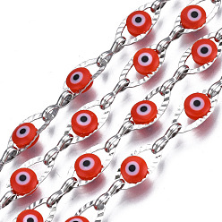 Brique Rouge 304 chaînes porte-câbles ovales texturées en acier inoxydable, avec des perles de mauvais œil en émail, avec bobine, non soudée, couleur inox, firebrick, 11x5.5x3mm, 7.5x3x1mm, environ 32.81 pieds (10 m)/rouleau