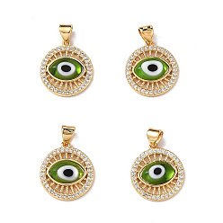 Green Lampwork Evil Eye Pendants with Clear Cubic Zirconia, Real 18K Gold Plated Brass Findings, Lead Free & Cadmium free, Green, 18x16x4mm, Hole: 3x3.5mm