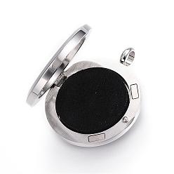 Black 316 Surgical Stainless Steel Diffuser Locket Pendants, with Perfume Pad and Magnetic Clasps, Flat Round with Lotus, Stainless Steel Color, Black, 36.5~37x30x6~6.5mm, Hole: 5mm, inner diameter: 23mm