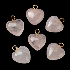 Quartz Rose Naturel a augmenté pendentifs en quartz, charms coeur avec passants en laiton plaqué or, 15~15.5x12~12.5x4.5~5.5mm, Trou: 2mm