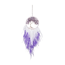 Medium Purple Iron Woven Web/Net with Feather Pendant Decorations, with Plastic and Amethyst Beads, Covered with Leather Cord, Flat Round with Tree of Life, Medium Purple, 700mm