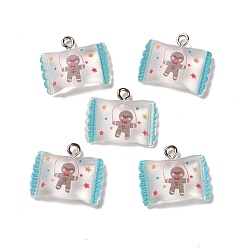 Medium Turquoise Christmas Theme Transparent Resin Pendants, with Platinum Tone Iron Loops, Candy Bag Charm with Gingerbread Man Charm Pattern, Medium Turquoise, 17x20.5x5mm, Hole: 2mm