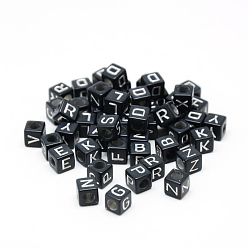 Silver Plated Opaque Plated Acrylic Beads, Metal Enlaced, Horizontal Hole, Mixed Letters, Cube, Silver Plated, 5.5~6x5.5~6x5.5~6mm, Hole: 3.5mm, about 3000pcs/500g