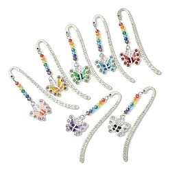 Mixed Color Butterfly Alloy Enamel & Rhinestone Pendants Bookmarks, Hook Bookmark with Chakra Electroplate Glass Beads, Mixed Color, 83mm, 7 colors, 1pc/color, 7pcs/set