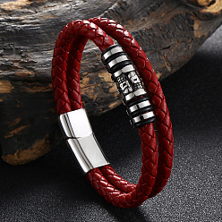 Red Stainless Steel Skull Beaded Leather Double Layer Multi-strand Bracelet, Gothic Bracelet with Magnetic Clasp for Men, Red, 8-1/2 inch(21.6cm)