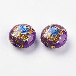 Indigo Perles de résine imprimées de fleurs, plat rond, indigo, 16.5x9mm, Trou: 2mm