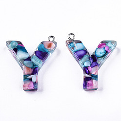 Letter Y Transparent Epoxy Resin Pendants, with Shell Slices and Loops, Alphabet, Letter.Y, 30.5x26.5x7mm, Hole: 1.6mm