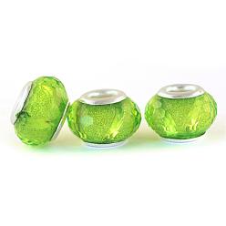 Lawn Green Resin European Beads, Large Hole Rondelle Beads, Faceted, with Silver Color Plated Brass Double Cores, Lawn Green, 13.5~14x9.5~10mm, Hole: 5mm